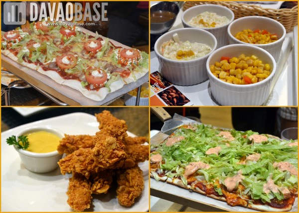 Peri-Peri food gallery (clockwise from top left): Bacon Cheeseburger Pizza, Corn and Carrots and Coleslaw, Shrimp Diablo Pizza, and Cornflaked Chicken Tenders with Honey Mustard Sauce