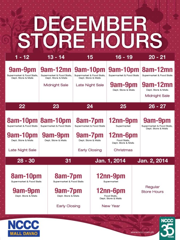 NCCC December mall hours
